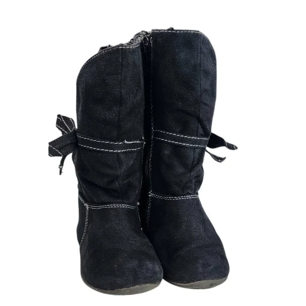 Kids Black Suede Slouch Boots with‎ White Stitching Bow Detail Side Zip Size 8